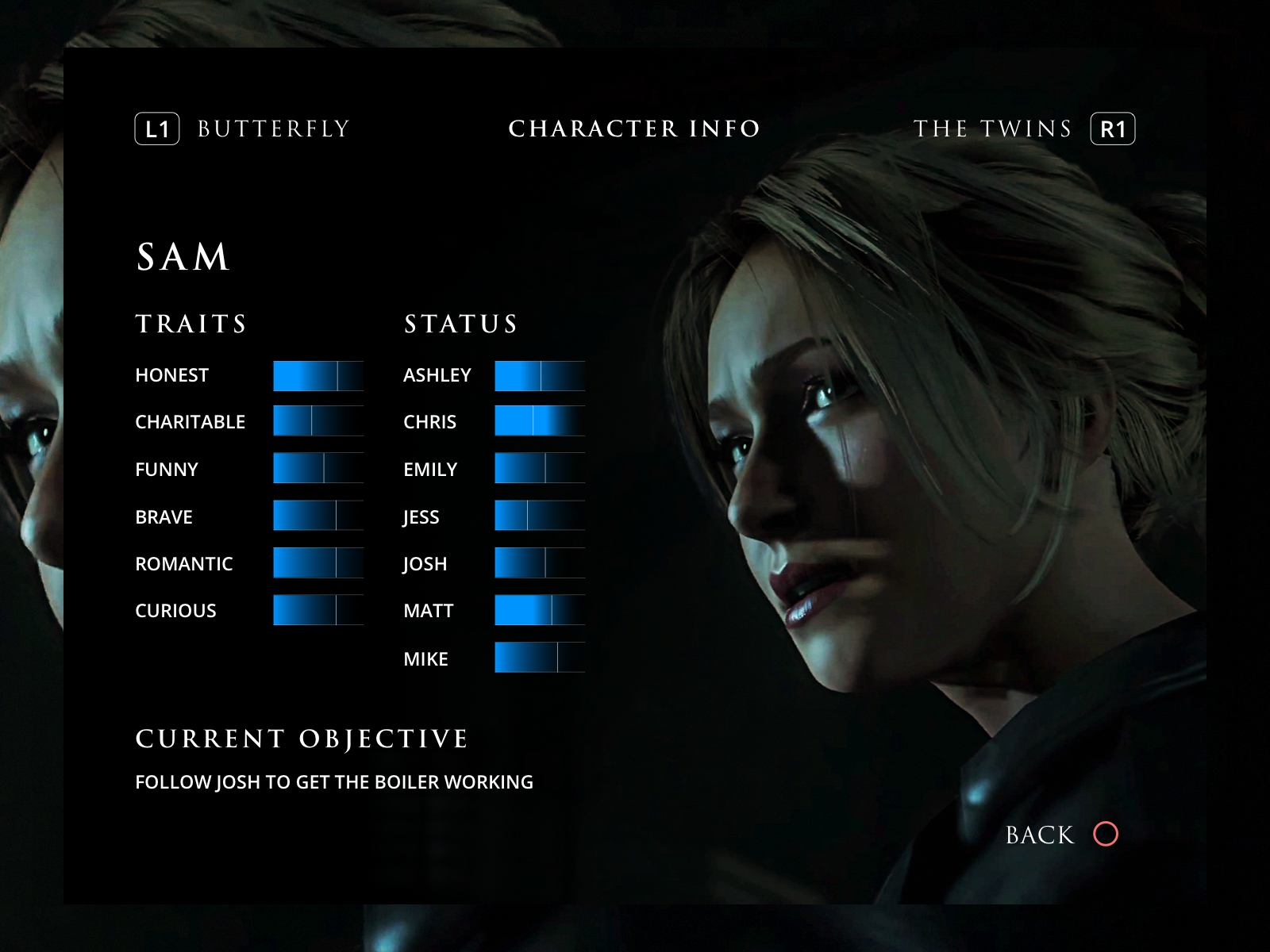 Until Dawn Character Info UI black character characters clean design game game interface game ui gamers playstation ps4 serif simple typography ui ui design until dawn until dawn game ux xbox