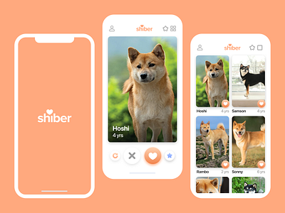 Shiber app design clean design dog dog lover graphic design heart logo love orange peach product design shiba shiba inu swipe ui ui design ux ux design white