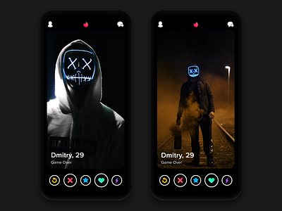 Tinder Dark Mode Concept app app design black bold clean concept dark mode date dating design game over monochrome night mode simple social media ui ui design ux ux design white