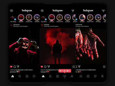 Instagram Dark Mode Concept app app design black clean concept dark dark mode design feed instagram monochrome photo profile red simple ui ui design user interface ux ux design