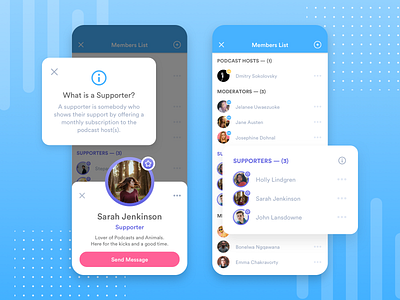 Flick - Podcast Supporter app app design badge blue chat clean listen members membership podcast podcast app product simple social support supporters ui user interface ux white