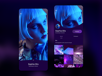 Profile UI about app app design bio clean daily ui design graphic design interface lilac photographer photos profile purple simple ui ui design user interface ux design white