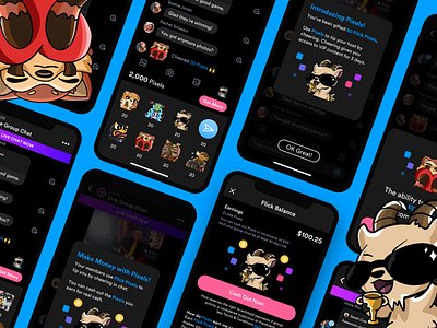 Flick - Pixels app black cheer clean community currency daily ui dark mode design emote group group chat pixel pixels social media ui ui design ux ux design white