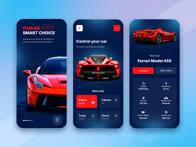 Ferrari 458 Control App android app app design application car car connect clean ui concept control controls dark ferrari app ferrari control light minimal platform remote control smart car ui voice control