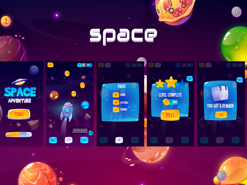 GUI app screens space adventure game by Lawrence Maluki on Dribbble