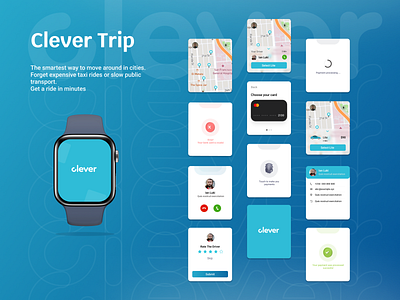 Clever Trip Smart Watch Application adventure app blue bolt branding clever design figma graphic design illustration map shots taxi theme trip uber ui ux uxdesign watch