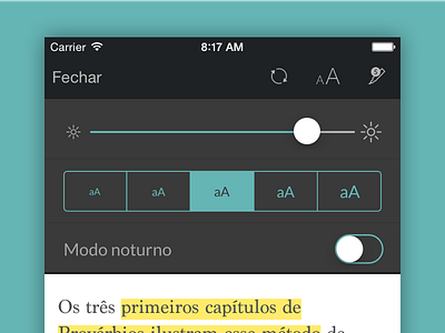 New font size and brightness adjust app book brasil brazil brightness ebook flat font size iphone reader ui ux