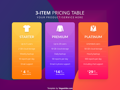 3-item Pricing Table PowerPoint Template (DOWNLOAD FREE) colorful gradient minimal presentation pricing table purple red striking color template yellow