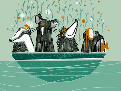 Book Cover! badger boat book cover characters cute illustration mouse plants teal water willows