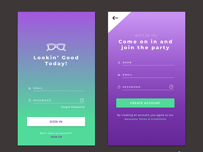 Funky Mobile UI for Login & Account Creation account creation design green login design mobile modern purple simple design ui ux