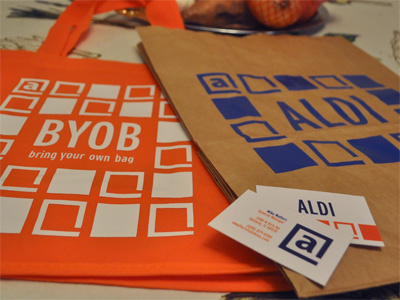 ALDI Rebranding bags grocery store rebrand design school orange blue buisness card recycle aldi