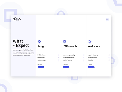 What to expect agency catalogue columns design homepage interaction menu menu design minimal purple services webflow white