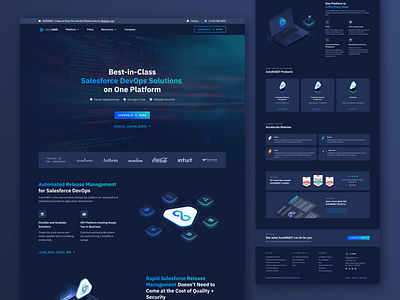 AutoRABIT Homepage Redesign blue green gradient dark theme devops devsecops graphic design homepage isometric salesforce tech ui ui design web design