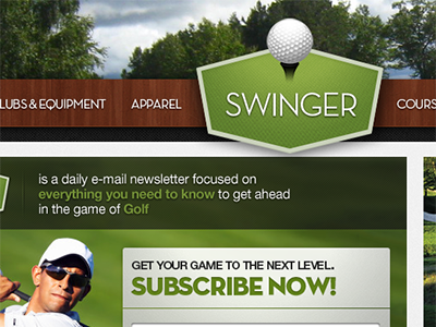 Swinger badge brand header hero shot logo main nav navigation newsletter photoshop web design