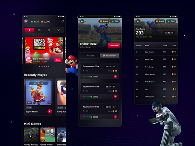 Game Center UI cricket dark game ui gameapp gamecard gamecenter games gamesworld mobile app ps5 supermario ui