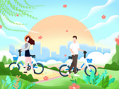 春季出游 单车 女生 春天 春暖花开 柳树 男生 骑行