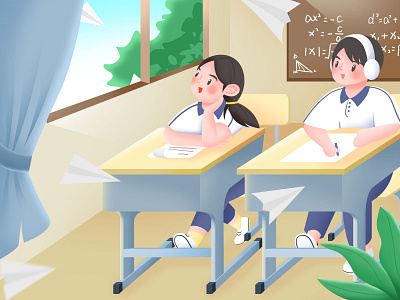 教室一角 homepage 女孩 校服 男孩 纸飞机 课桌椅 黑板