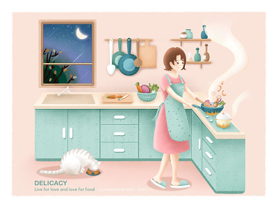 Delicacy art cat character cook design digital girl home illustration