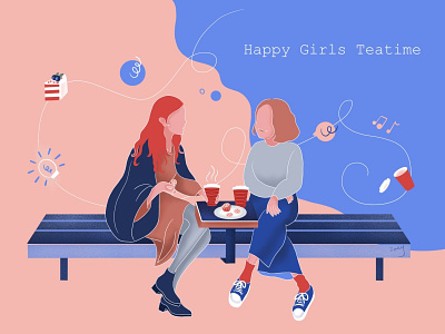 Happy teatime coffe design girl illustration