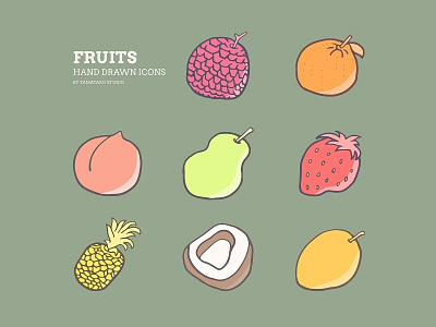 Fruits 02 : Hand-drawn Icons coconut colorful fruit fruits hand drawn handdrawn icon design illustration litchi lychee mango orange peach pear pineapple strawberry vector