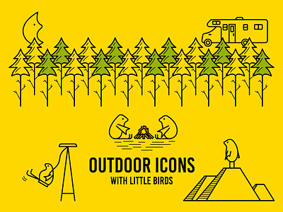 Outdoor Icons (in progress) animal animals bird birds camp camper campfire color forest green icons illustration moon mountain outdoor rv swing tree vector yellow