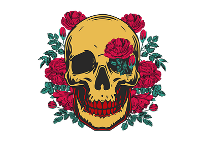 SKULL WITH RED CARNATIONS