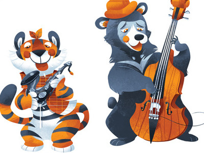 Charlie Bear & Drooly bear double bass illustration jazz saxophone tiger