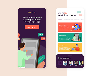 WorkIn (Work From Home) app application application ui coronavirus covid19 home screen illustraion uidesign vector work work from home