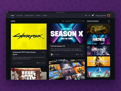 Epic Games Store Launcher - Home page animation clear cyberpunk 2077 dashboad desktop app epic games store fortnite game launcher games logo animation motion news play purple redesign steam store app ui ux ui design ux design