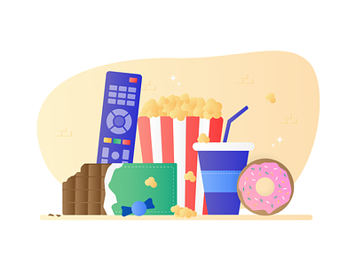 Things to do during quarantine - #7 Netflix and Snack adobe illustrator bingewatching chocolate colors covid 19 design donut gradient illustration netflix popcorn snack snacks socialdistancing stayhome television