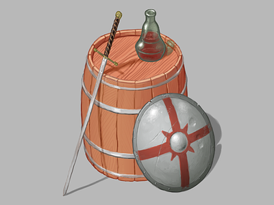 Medieval Times barrel digital art illustration isometric shield sword wine
