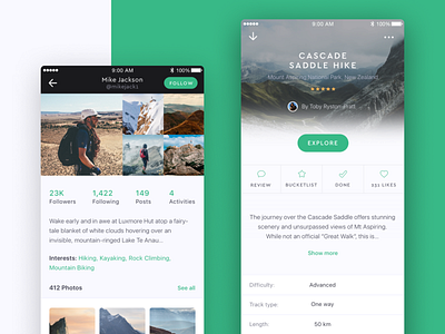 Aspire profile and activity screen app apple flat graphic design green images ios iphone light minimal minimalistic mobile scenery simple ui ui ux ux ux design