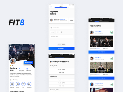 Fit8 / App prototype android apple black blue booking exercise fitness fitness app flat grey health ios ios app iphone minimal mobile training ui ux uxui