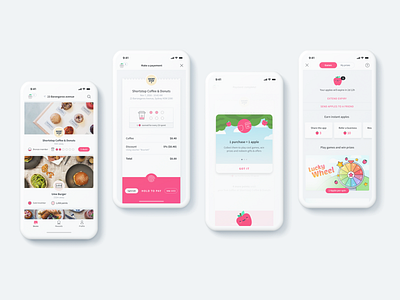 Gamified Mobile Payments App apple card clean fintech food fun games gamification ios iphone loyalty minimal mobile payments pink points restaurant reward ui ux
