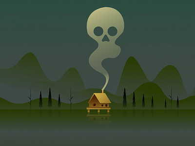 Swamp Cabin cabin green illustation skull smoke trees vector artwork wallpaper