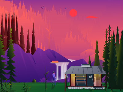cabin house in the mountains birds cabin calmness champ chinese dawn forest gradient color house illustation landscape moon travel tress vacation