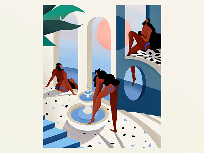 Oasis🌅 architecture fountain girls illustration ocean pattern plant sea sun terrazzo