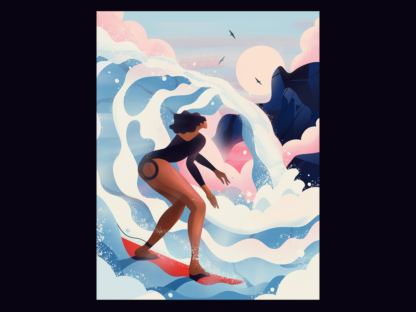 Catching waves 🤙 birds clouds girl illustration ocean sunset surfing waves