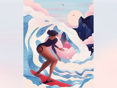 Surfing through the week! 🌊🏄‍♀️ 🤙 animation birds characterdesign design girl illustration mountains ocean surfing water waves