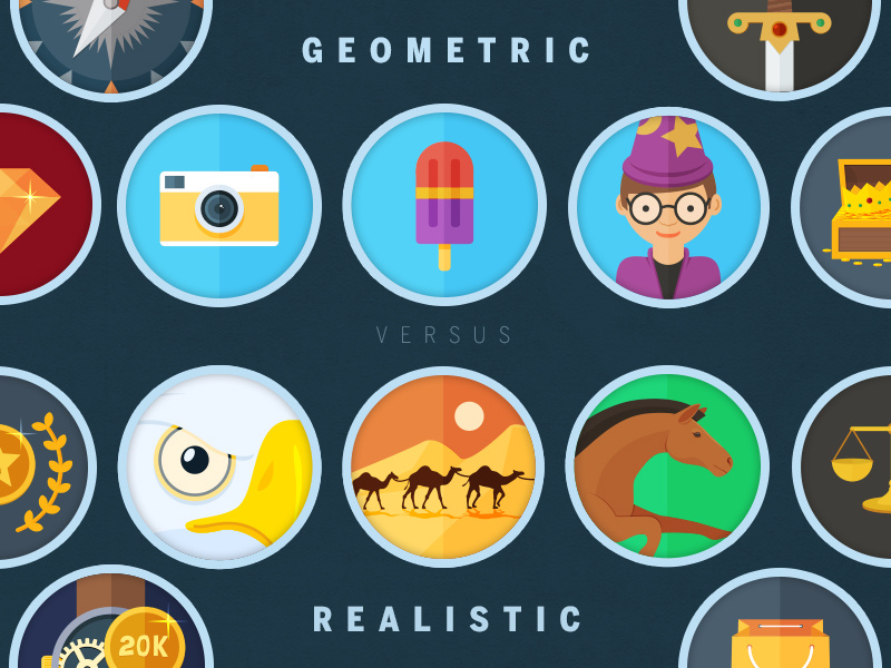 Geometric vs Realistic approaches in Icon design icon badge flat circle camera horse icecream wizard eagle sword chest camel