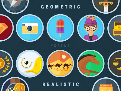 Geometric vs Realistic approaches in Icon design badge camel camera chest circle eagle flat horse icecream icon sword wizard