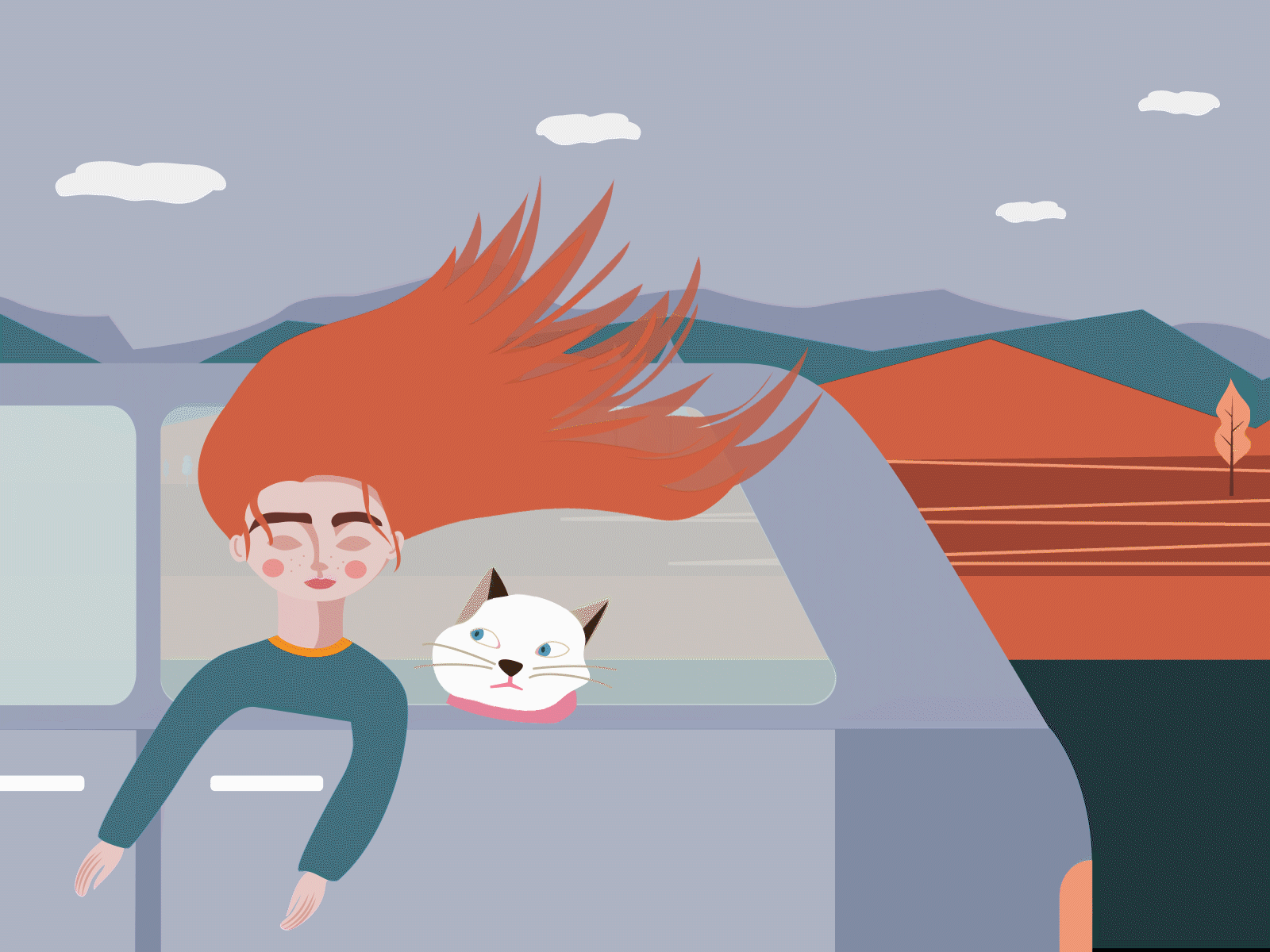 cat and girl close view 2danimation animation 2d animation gif car car animation car gif animation cat and girl animation gif cat in car characterdesign drive gif girlilustration illustration on the way road