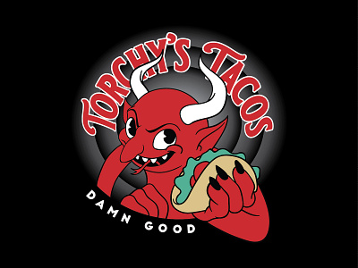 Torchy's Tacos Design apparel branding cartoon character character design demon design devil drawing food illustration logo restaurant rubberhose screenprint taco teeth tongue typography vector