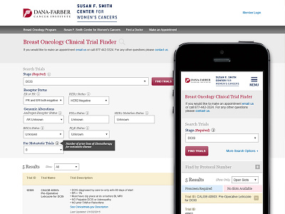 Responsive Clinical Trial Finder application button desktop finder healthcare mobile responsive software tooltip