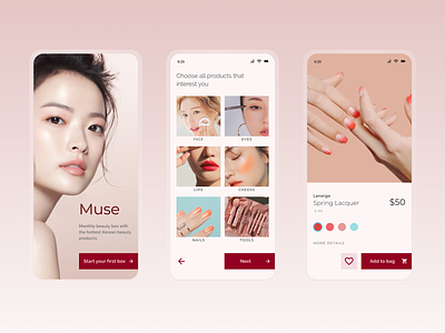 Makeup "subscription box" app beauty design ecommerce figma flat iphone makeup minimal mobile modern onboarding product product design skincare ui ui design ux