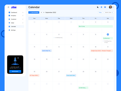 ztos Sales, CRM Dashboard Design - Calendar View admin admin interface admin panel admin theme admin ui analytics dahsboard dashboard dashbord dashbroad graphs mordern iu sidebar user user dashboard