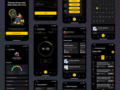 Daily Task/Work/Project Management iOS/Android App - Taskly android app card clean dark theme design figma ios mobile modern product design project task task management taskly team time ui ux ux design