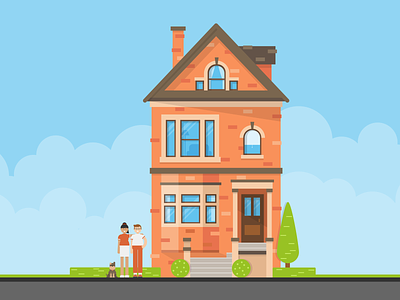 A couple, their dog, and their house architecture building dog family flat design home house house illustration household illustration vector