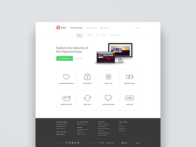 Opera Features Landing Page browser computer design digital design grey landing page opera web webpage