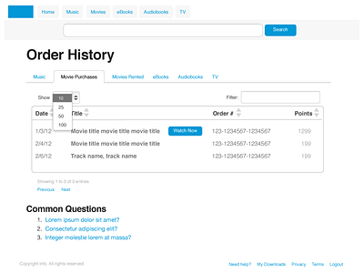 Order History Prototype web app wireframe